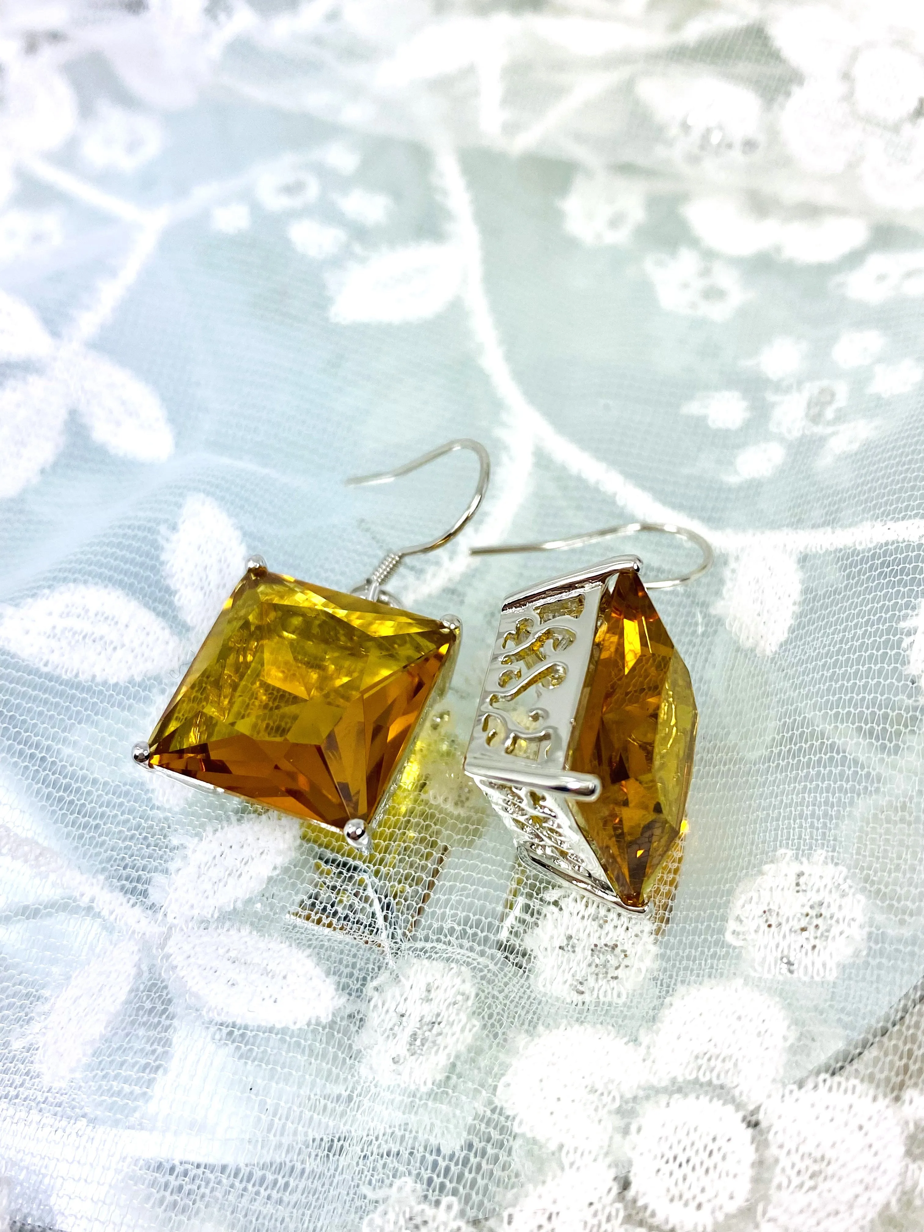 Cognac-Orange Citrine Earrings, Silver Art Nouveau Filigree, Vintage Style Jewelry #E45