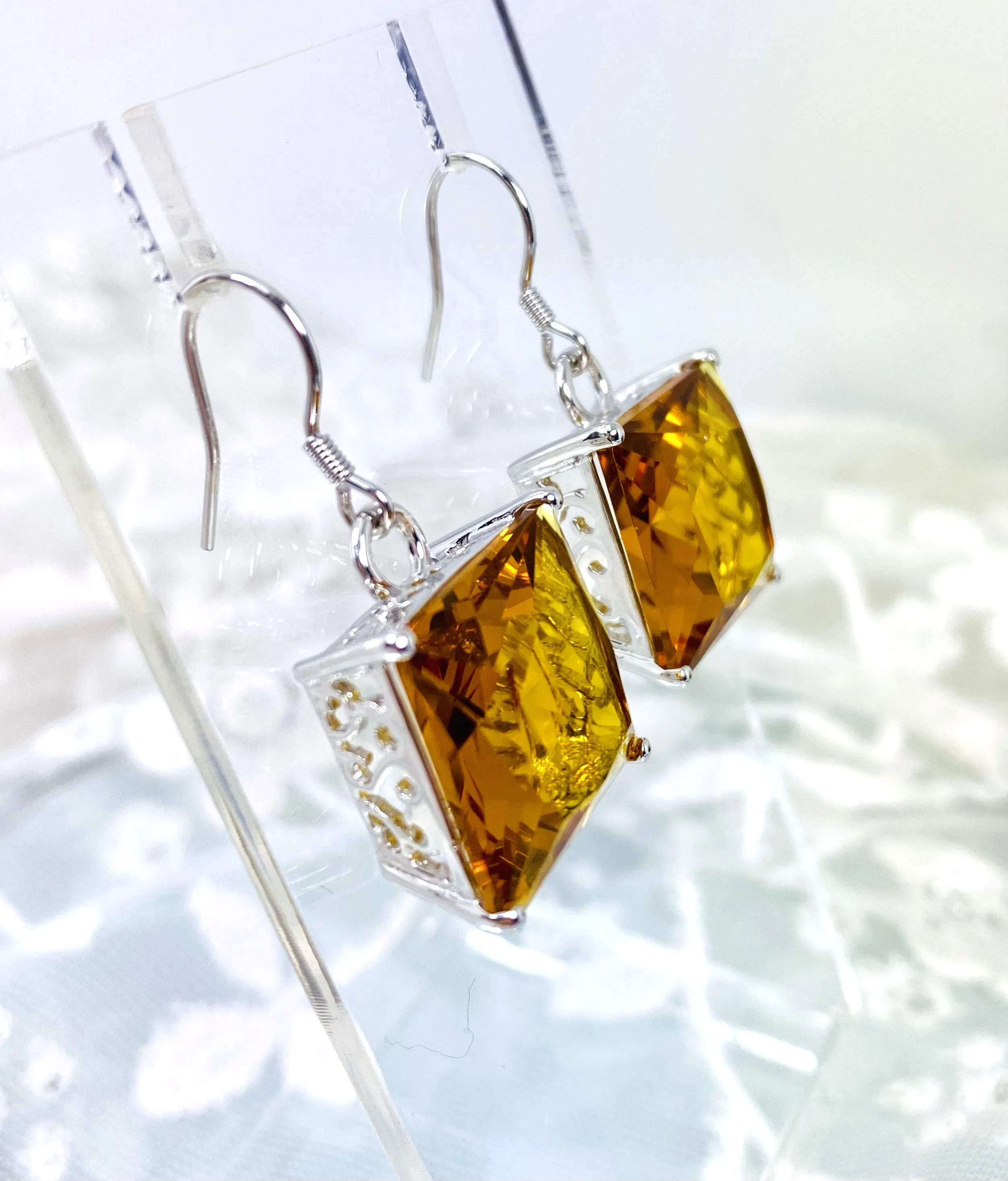 Cognac-Orange Citrine Earrings, Silver Art Nouveau Filigree, Vintage Style Jewelry #E45