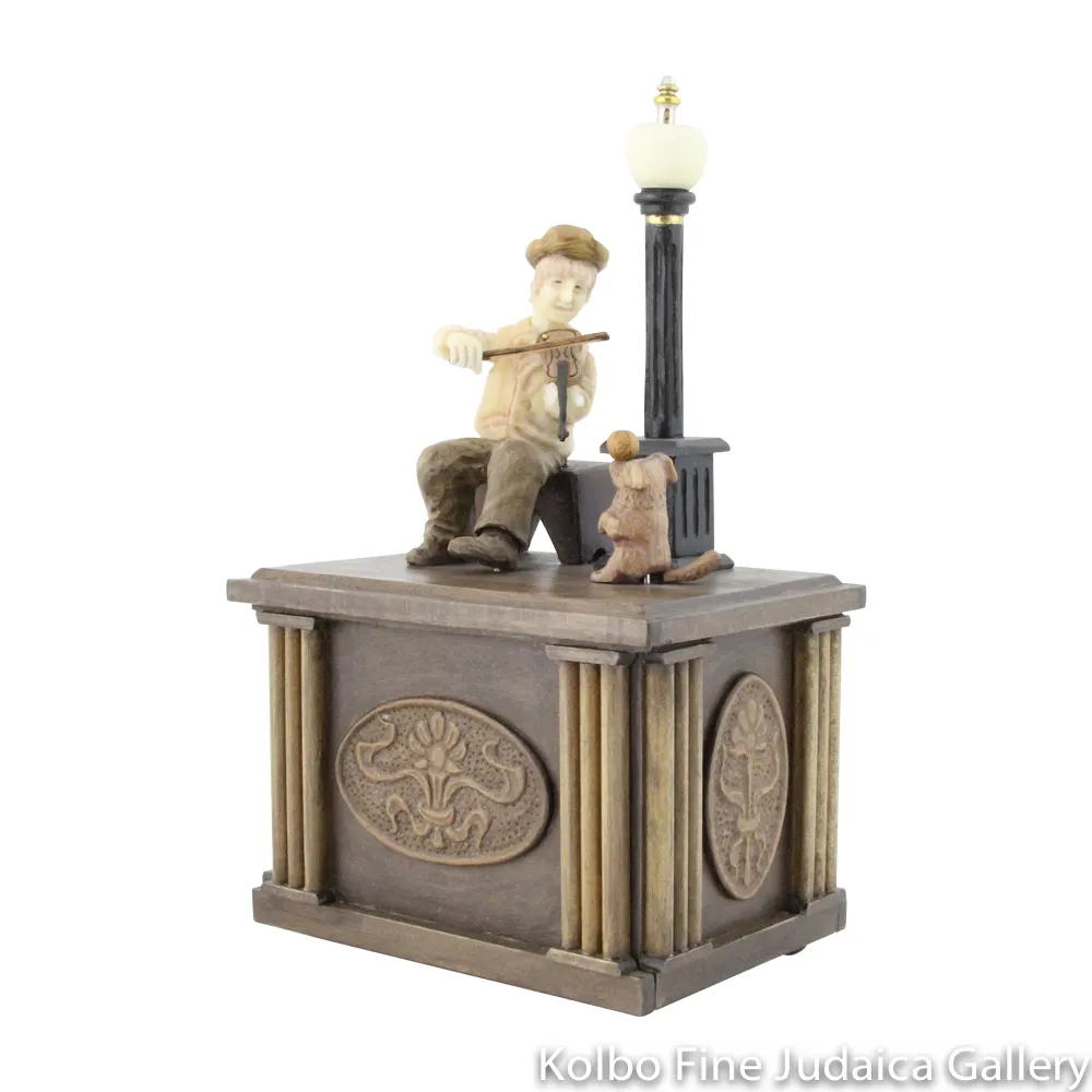 Collectable, Music Box, Violin Player and His Dog, Hand-Carved from Tagua Nut and Wood