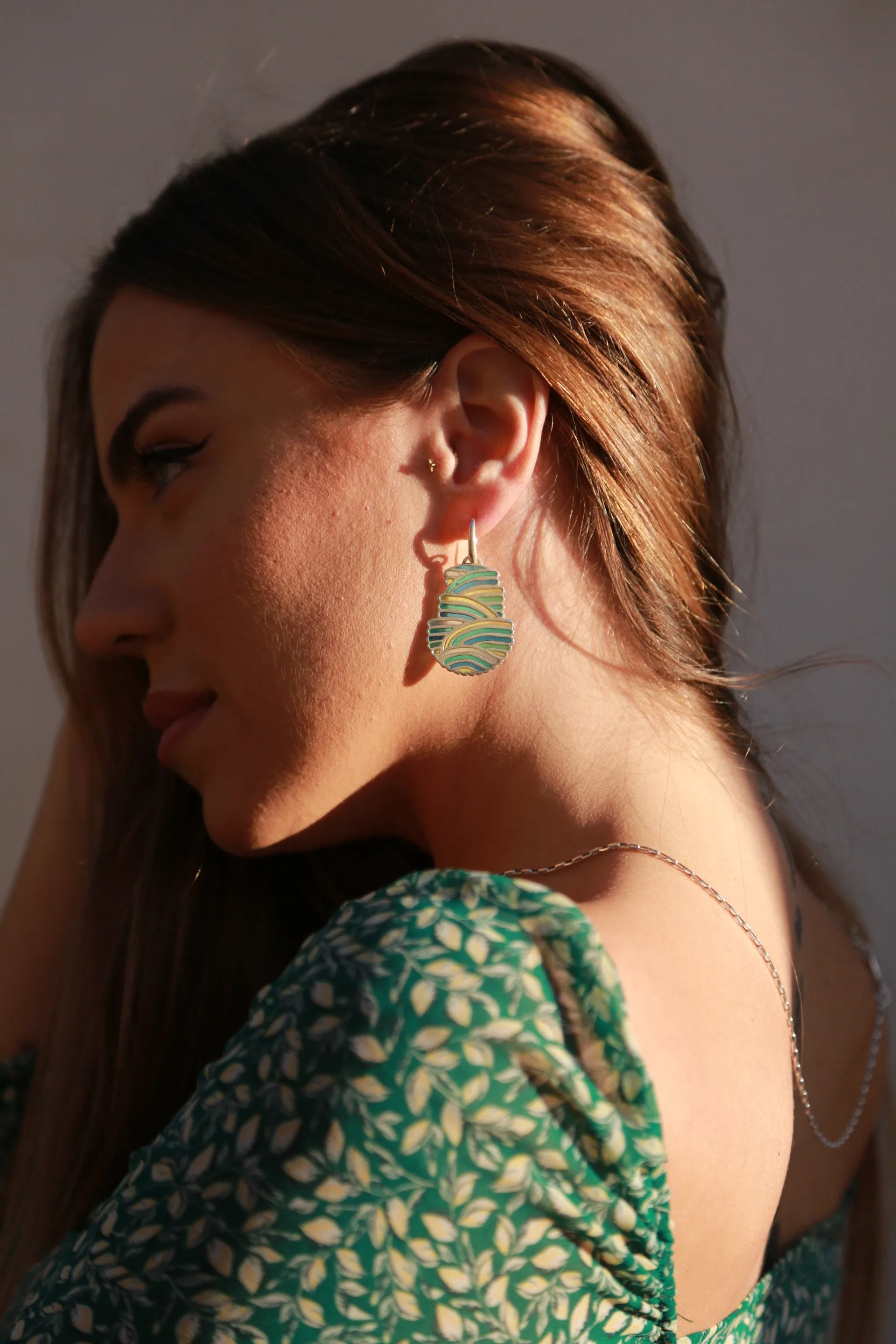 Colorful blue green joyful dangle earrings, sterling silver & cold enamel
