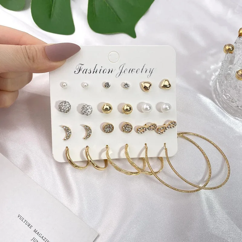 Combo of 12 pair Pearl Stone Stud and Hoop Earrings