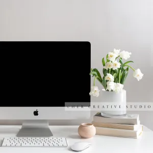 Computer & Tulips Workspace
