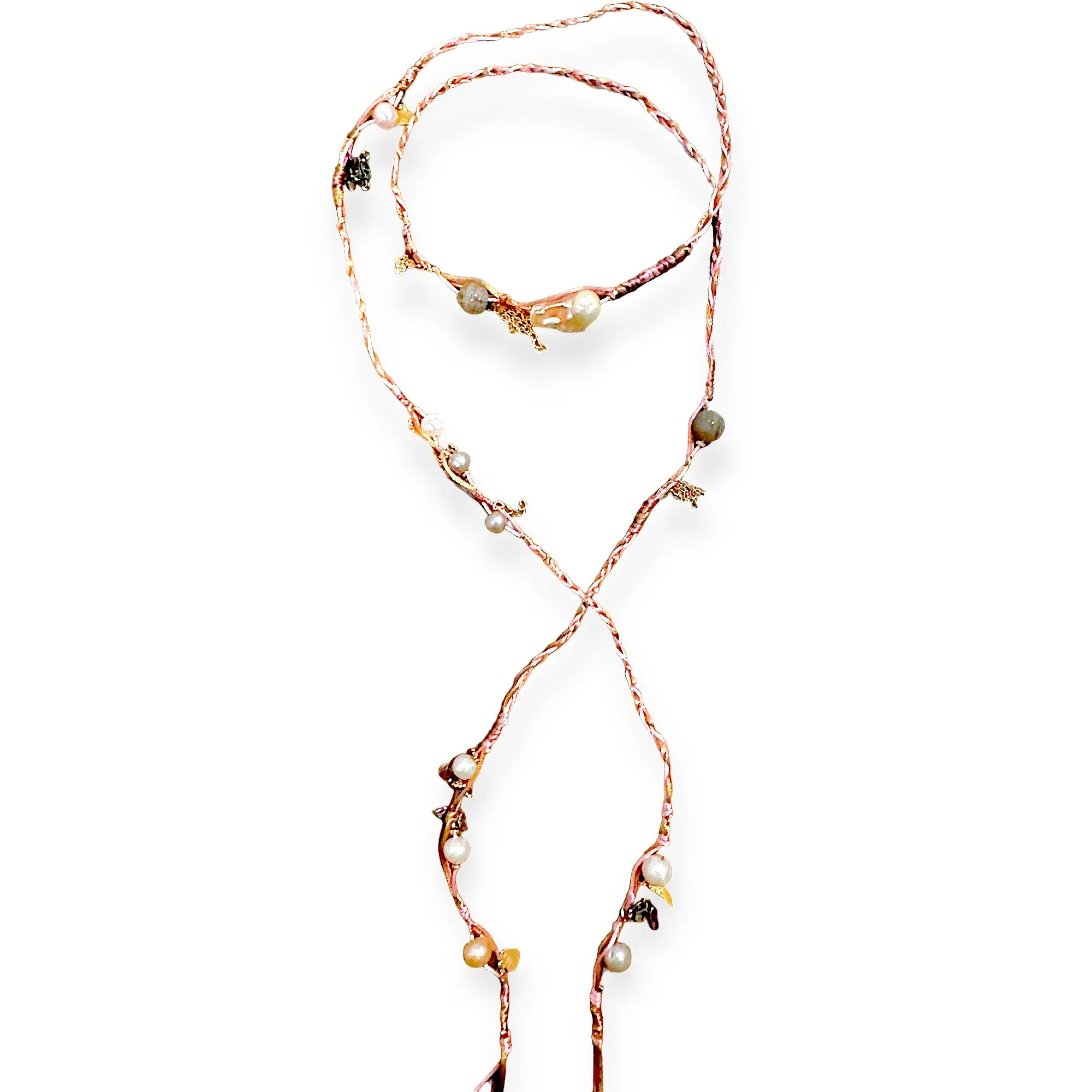 COTTON CANDY PINK PEARL LABRADORITE GOLD LUCKY CHARM SILK ROCKER LARIAT
