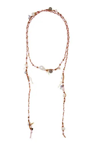 COTTON CANDY PINK PEARL LABRADORITE GOLD LUCKY CHARM SILK ROCKER LARIAT