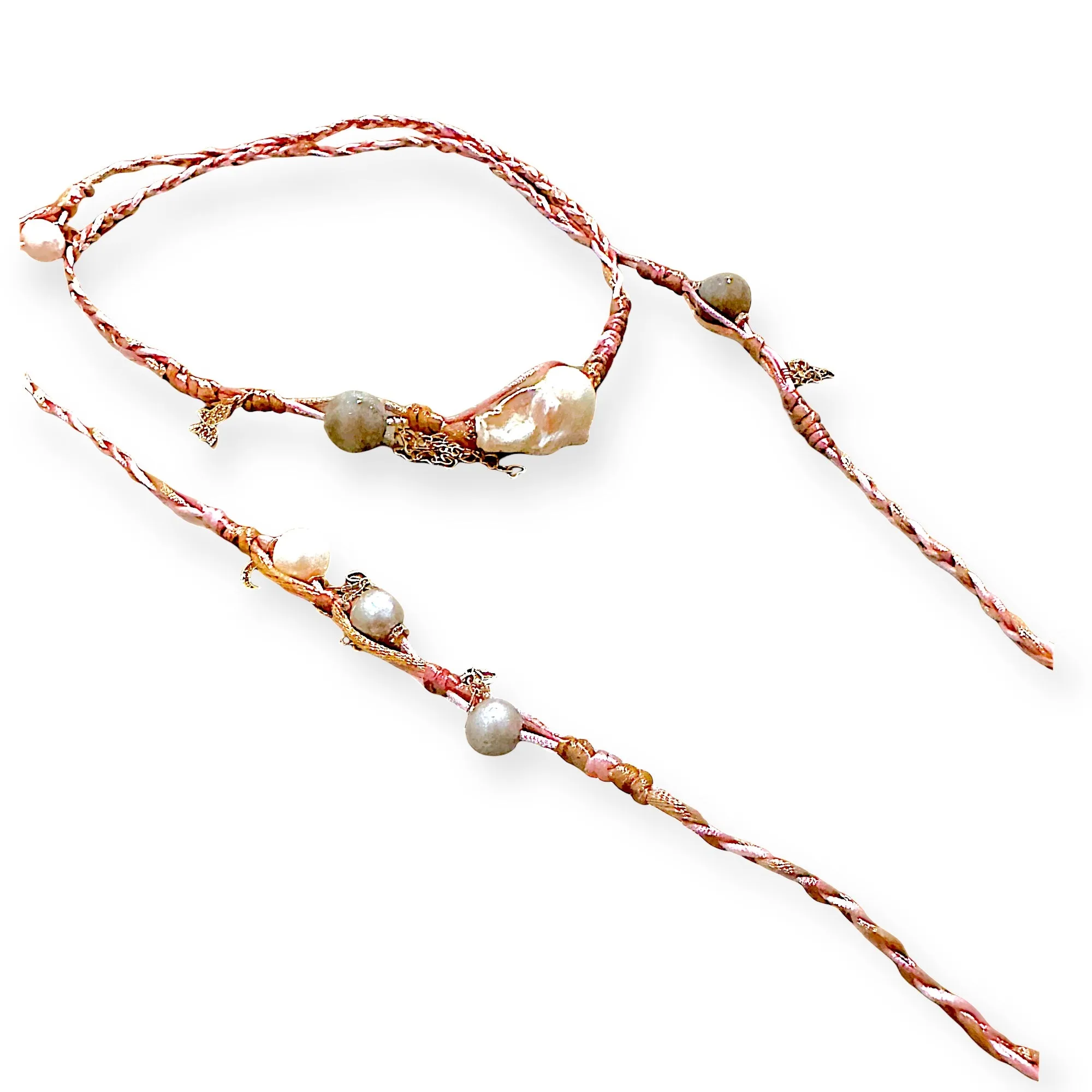 COTTON CANDY PINK PEARL LABRADORITE GOLD LUCKY CHARM SILK ROCKER LARIAT