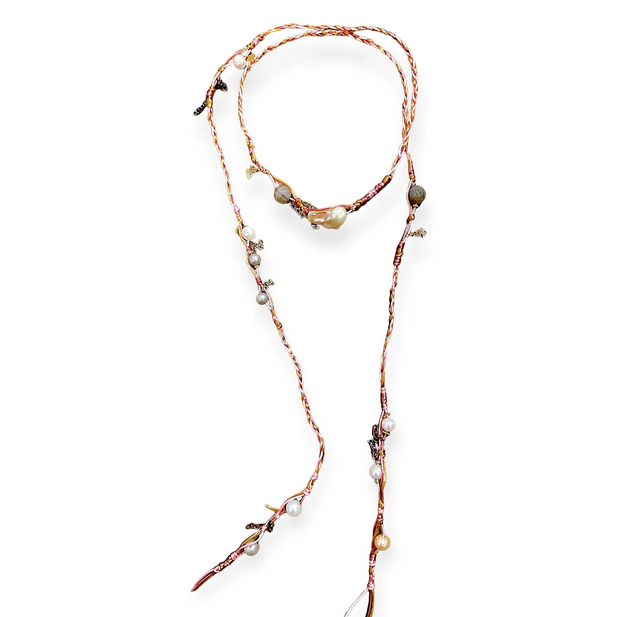 COTTON CANDY PINK PEARL LABRADORITE GOLD LUCKY CHARM SILK ROCKER LARIAT