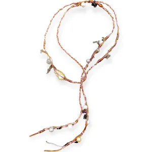 COTTON CANDY PINK PEARL LABRADORITE GOLD LUCKY CHARM SILK ROCKER LARIAT