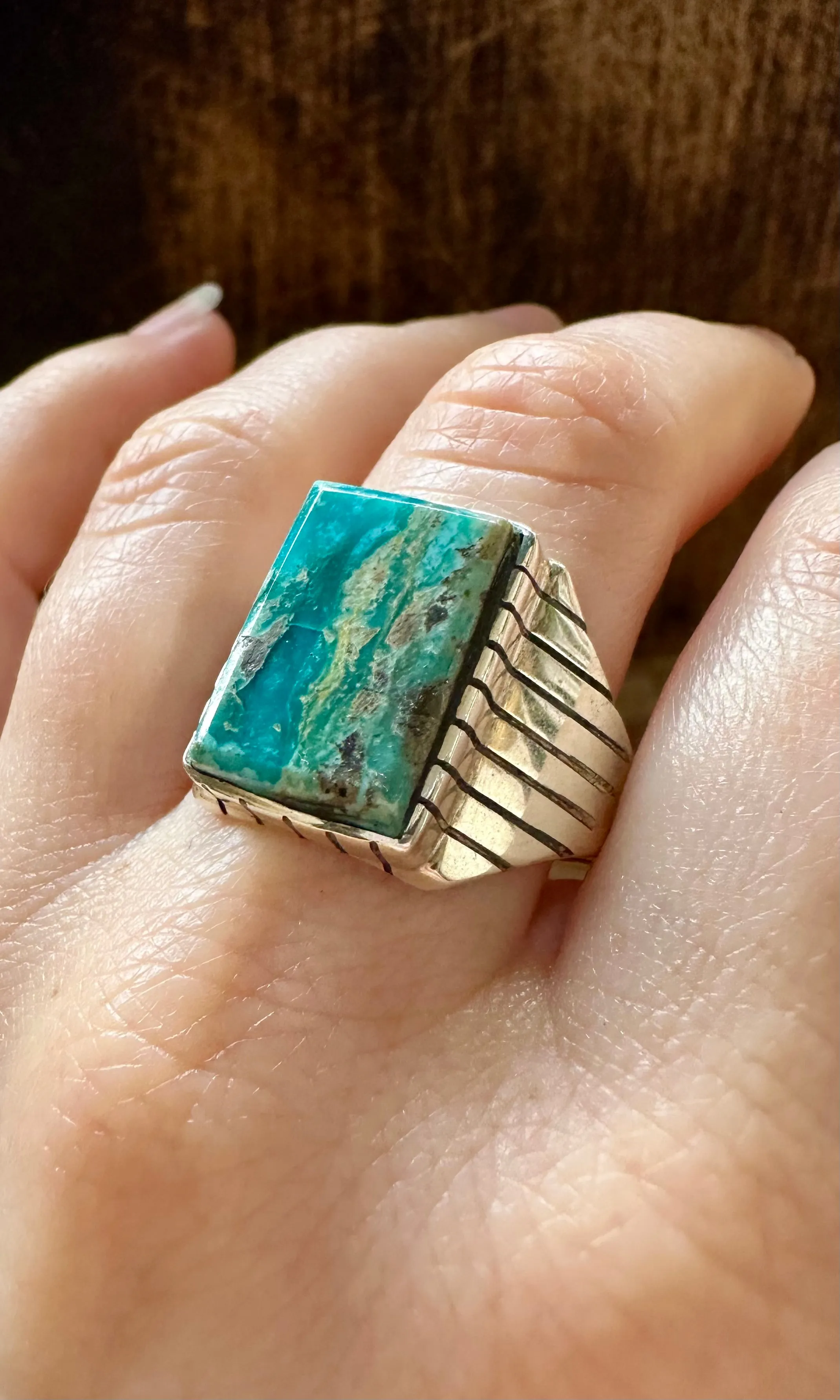 CRATER LAKE Small Square Sterling Silver & Turquoise Ring • Size 13