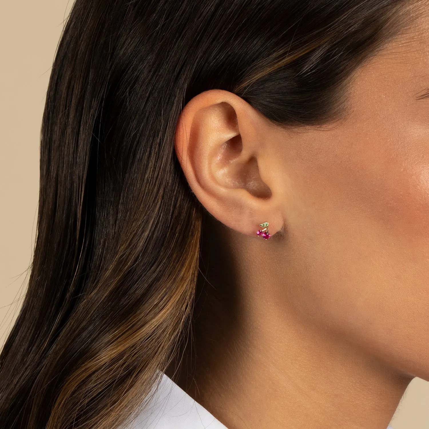 CZ Colored Cherry Stud Earring 14K