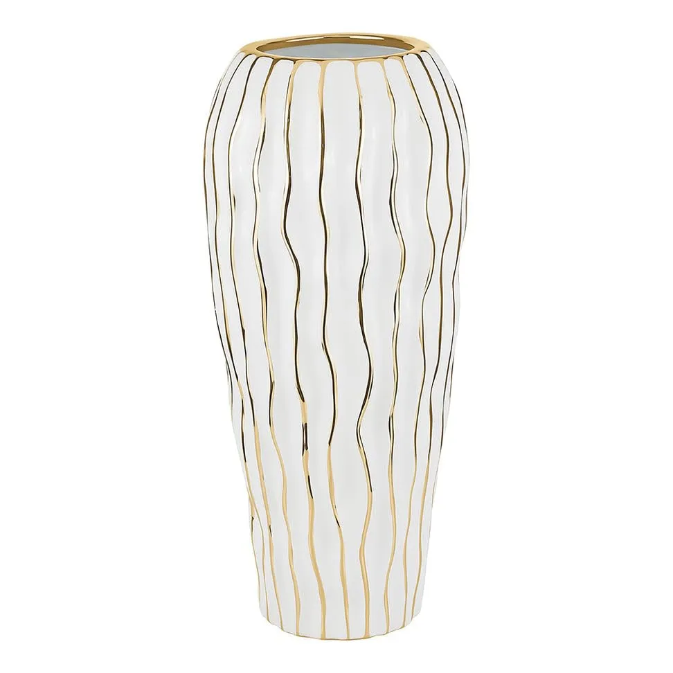 (D) Elegant White Porcelain Vase for Home Decor and Livingroom with Gold Wavy Design (Medium)