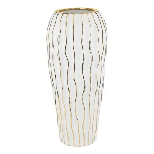 (D) Elegant White Porcelain Vase for Home Decor and Livingroom with Gold Wavy Design (Medium)