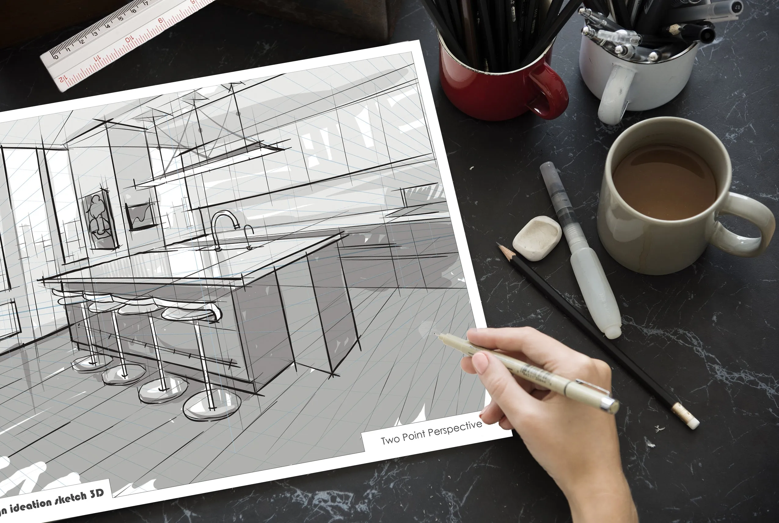 Design Ideation PERSPECTIVE GRID PAD. Removable Sheet. Multi-Media. 2 Point. Blue. (8.5" x 11") PAD-2550-TS