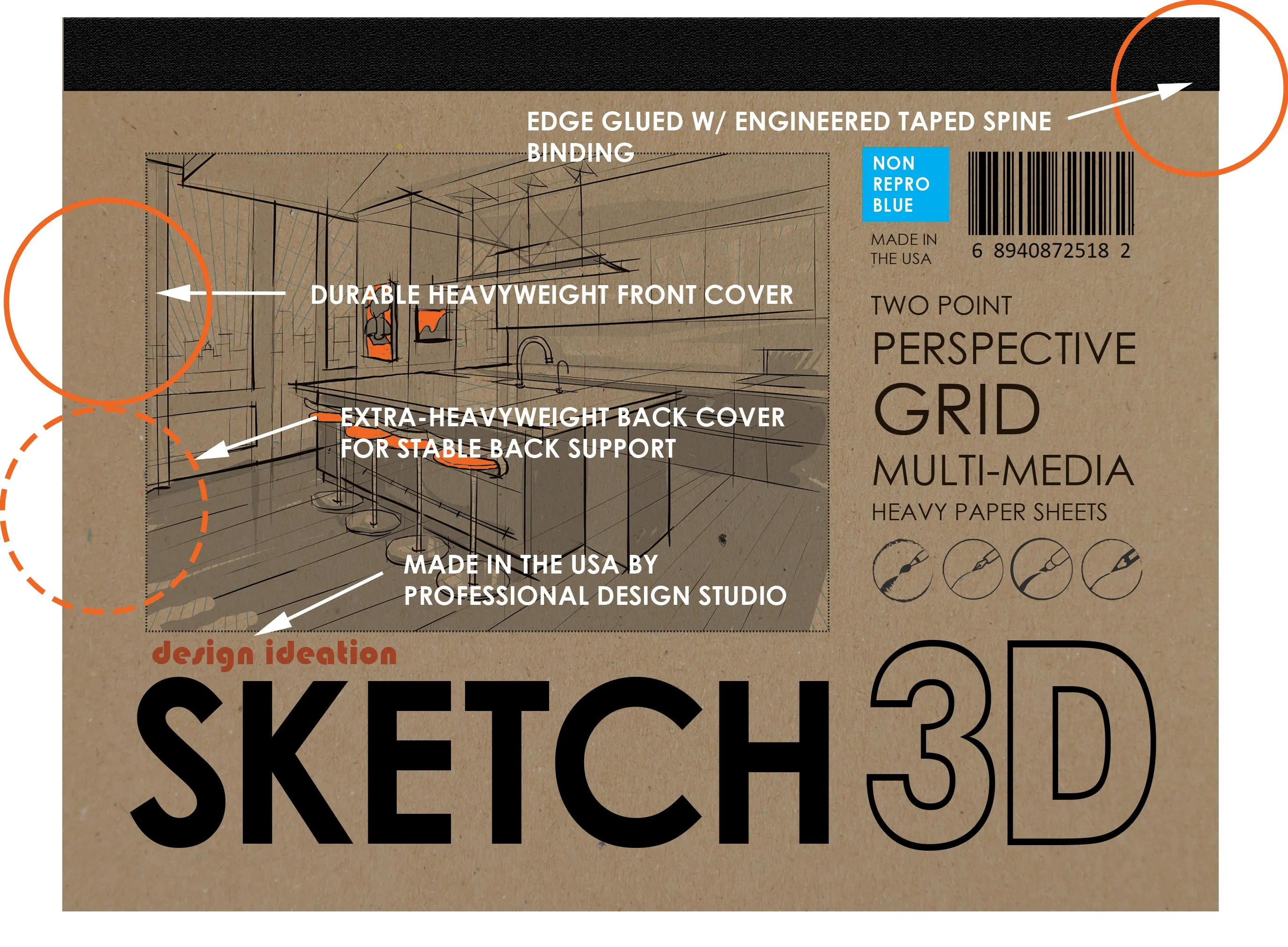 Design Ideation PERSPECTIVE GRID PAD. Removable Sheet. Multi-Media. 2 Point. Blue. (8.5" x 11") PAD-2550-TS