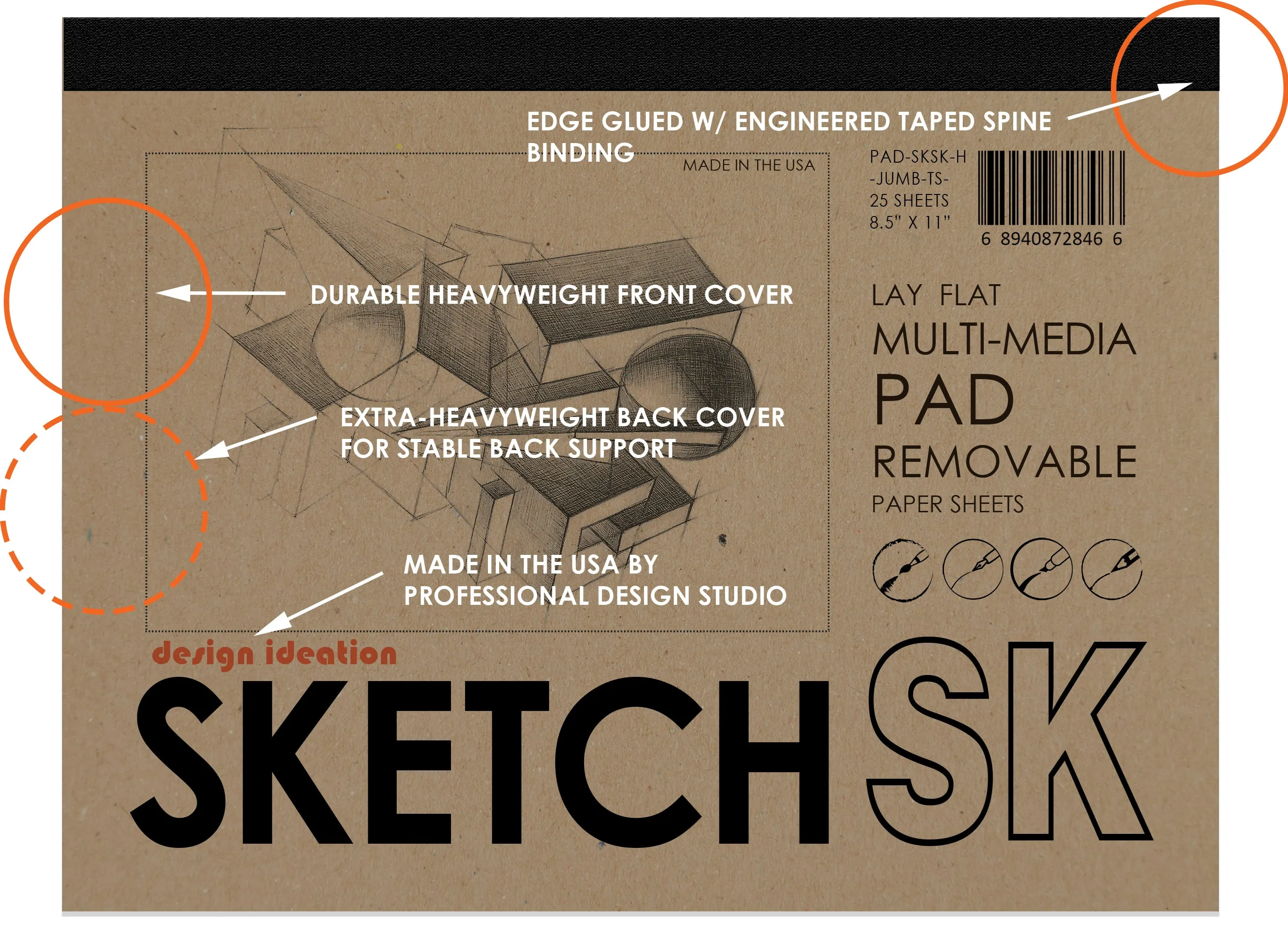 Design Ideation SKETCH PAD : Removable Sheet. Multi-Media. (8.5" x 11") PAD-2550-TS