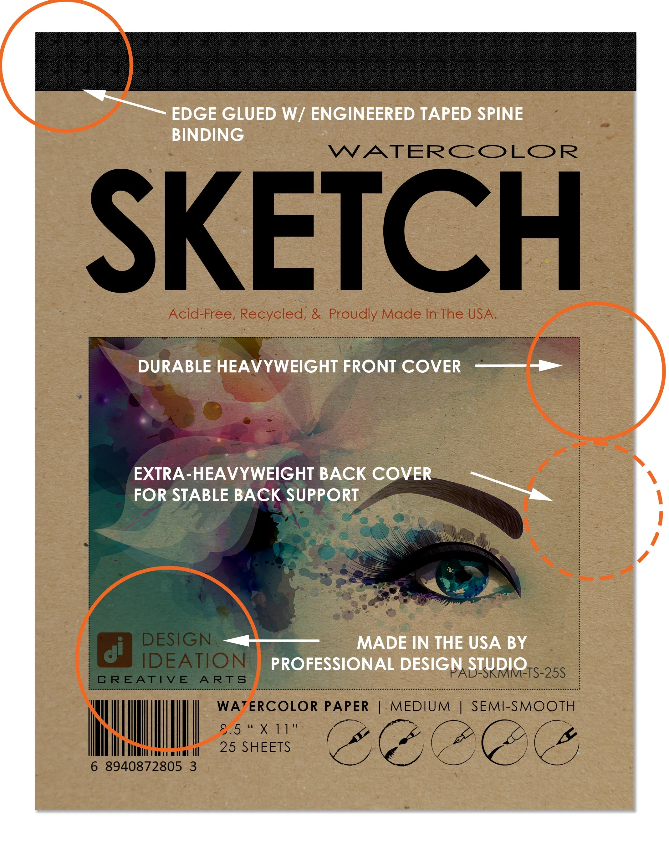 Design Ideation WATERCOLOR PAD : Removable Sheet. Multi-Media. (8.5" x 11") PAD-2550-TS