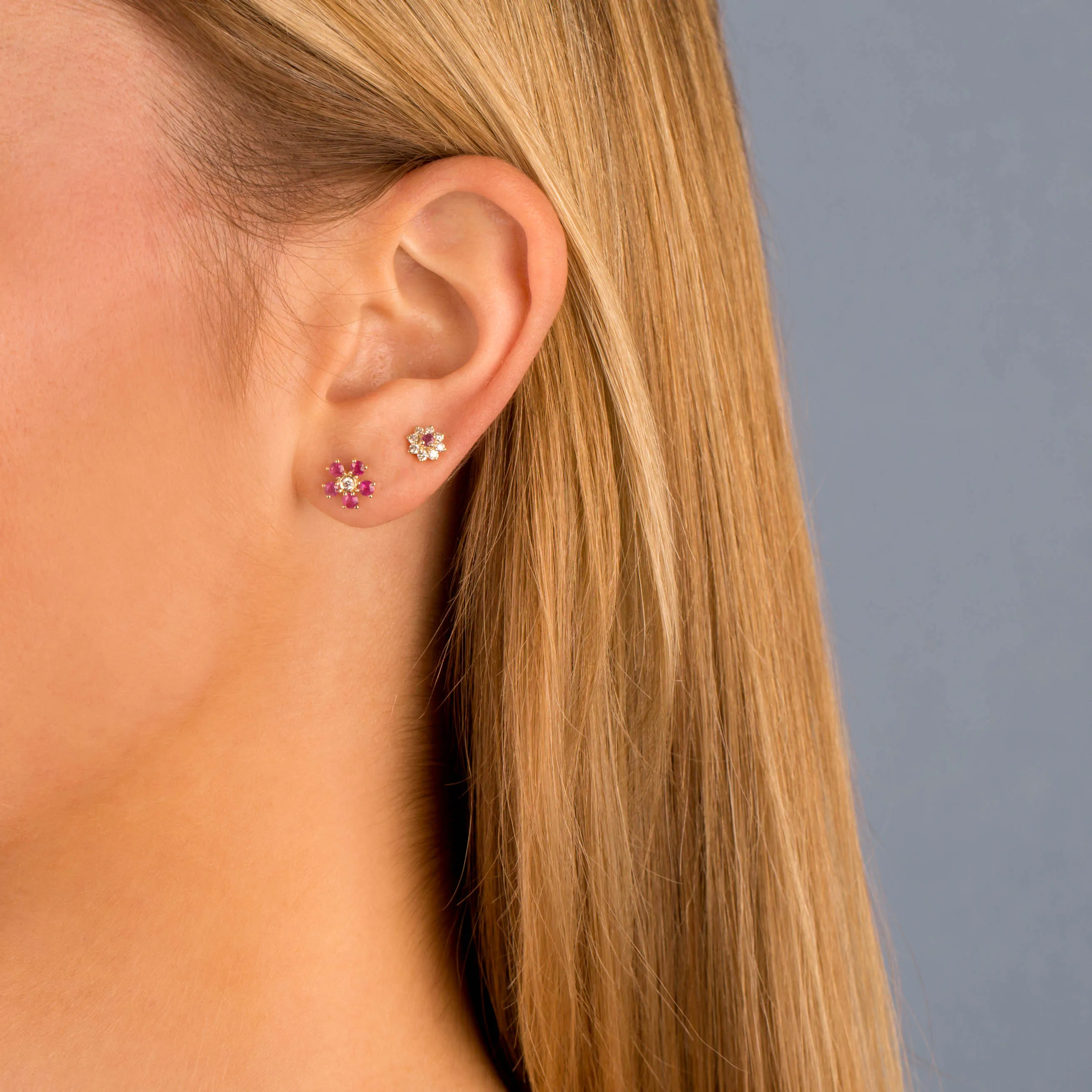 Diamond X Colored Gemstone Flower Stud Earring 14K