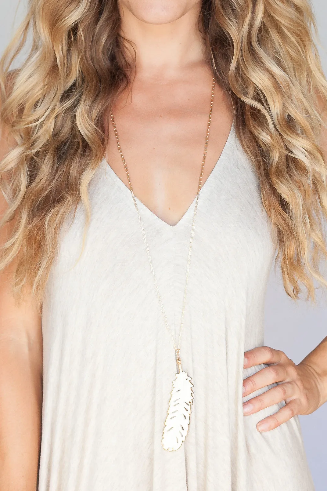 Double Chain Ivory Feather Boho Necklace