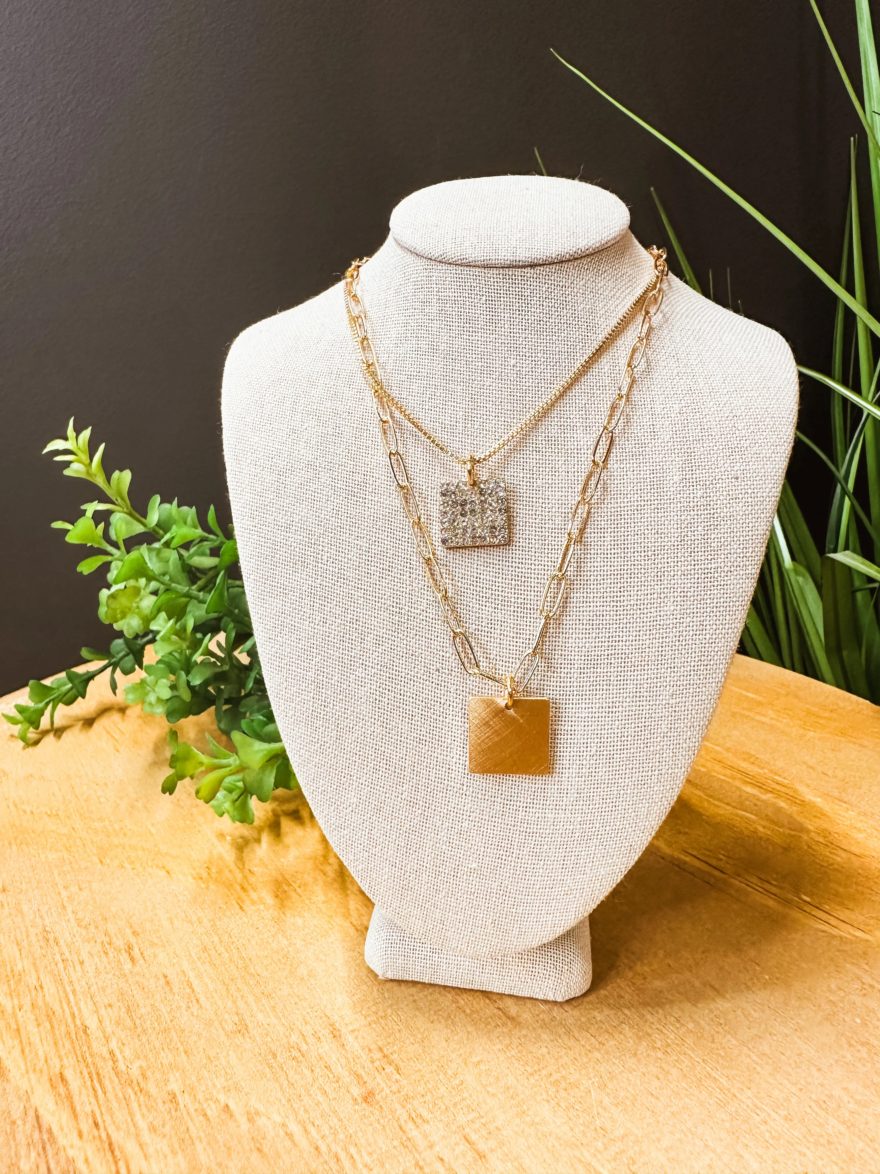 Double Layer Square Tag Pave Necklace