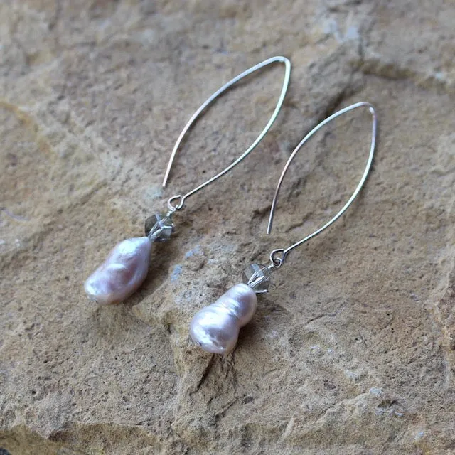 Elegant Baroque pearl earrings with Swarovski crystals on long oval ear wires