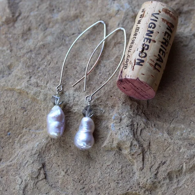 Elegant Baroque pearl earrings with Swarovski crystals on long oval ear wires