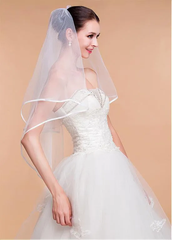 Elegant Tulle Ivory Wedding Veil With Ribbon Edge