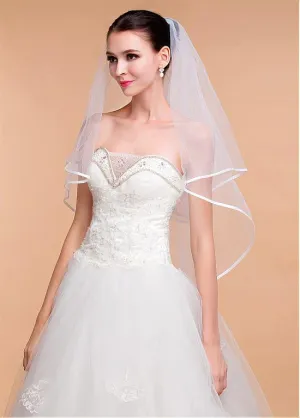 Elegant Tulle Ivory Wedding Veil With Ribbon Edge