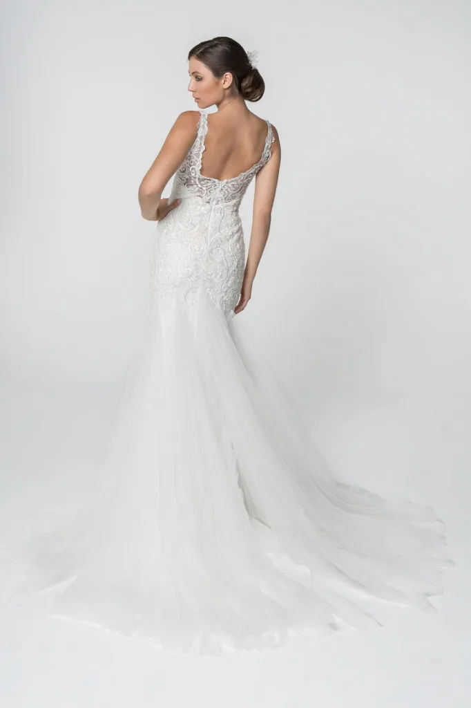 Embroidered Bodice V-Neck Mermaid Wedding Gown w/ Mesh Tail