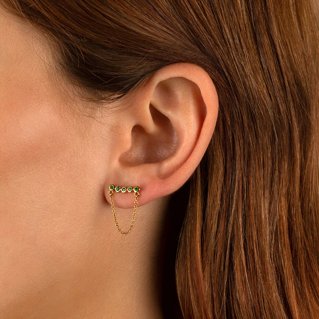 Emerald Bezel Chain Stud Earring 14K