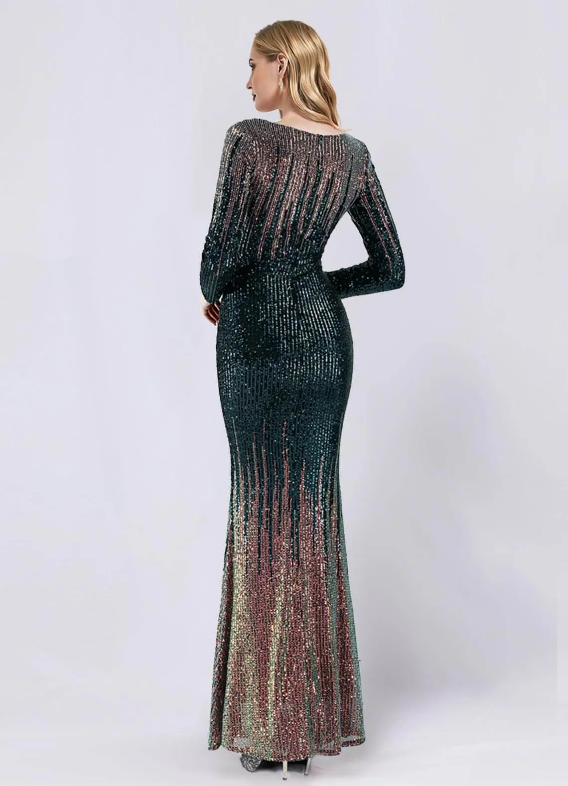 Emerald Green Sequin Long Sleeve V-Neck Floor Length Formal Gown For Party