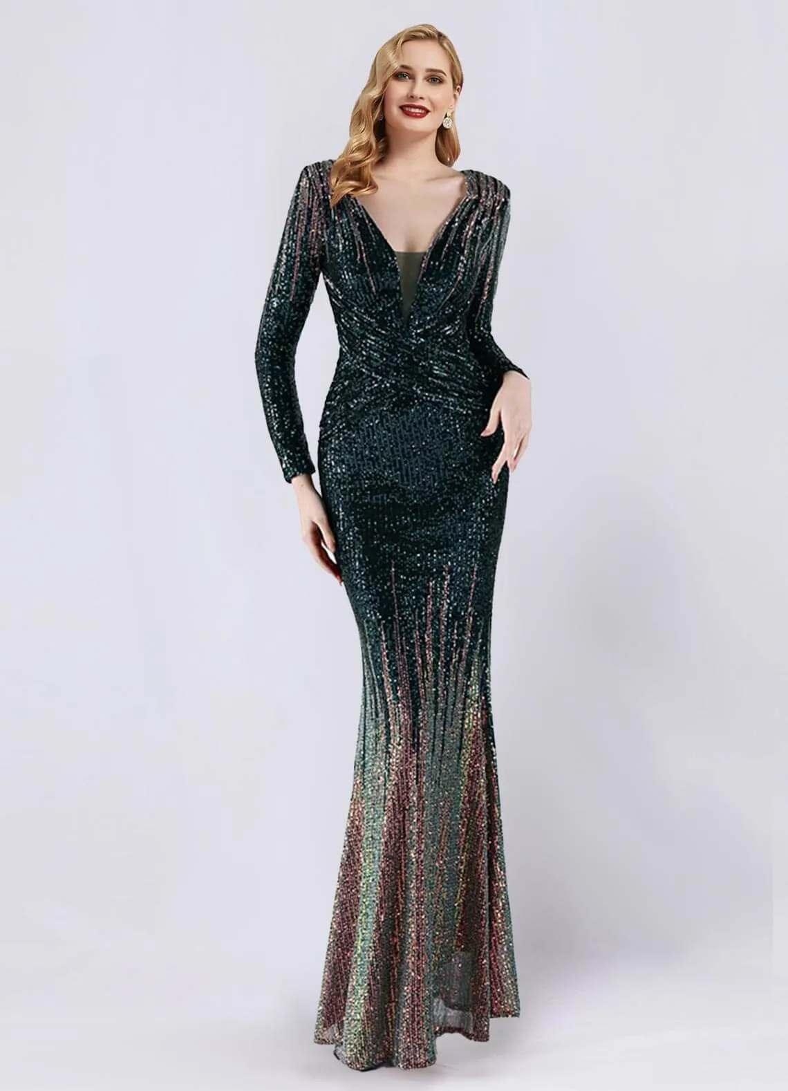 Emerald Green Sequin Long Sleeve V-Neck Floor Length Formal Gown For Party