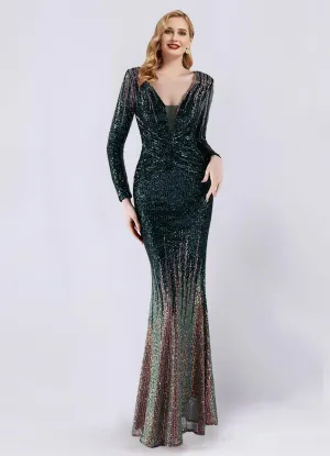 Emerald Green Sequin Long Sleeve V-Neck Floor Length Formal Gown For Party