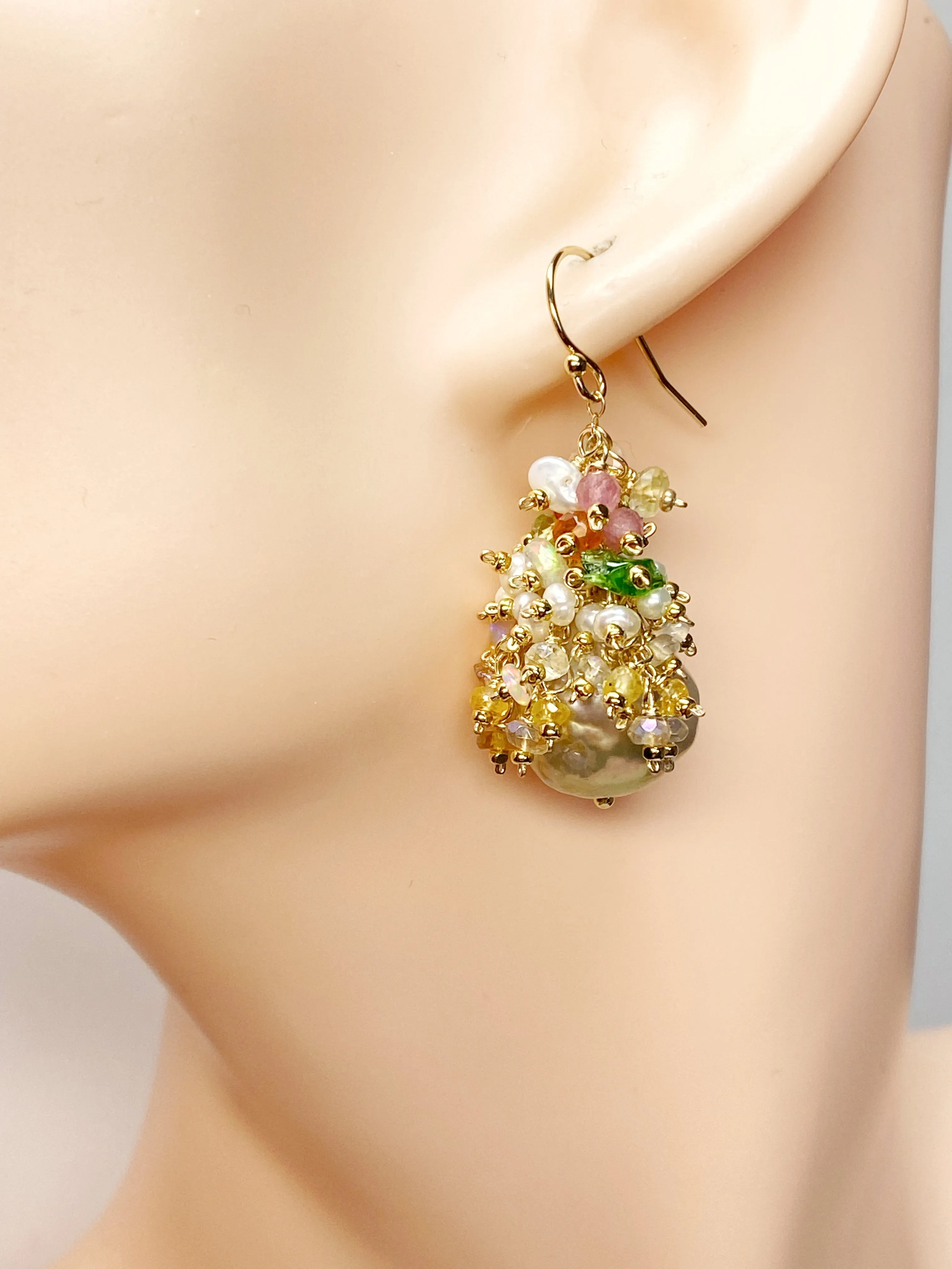 Gold and White Baroque Pearl and Gemstone Cluster Earrings, Pond-slime
