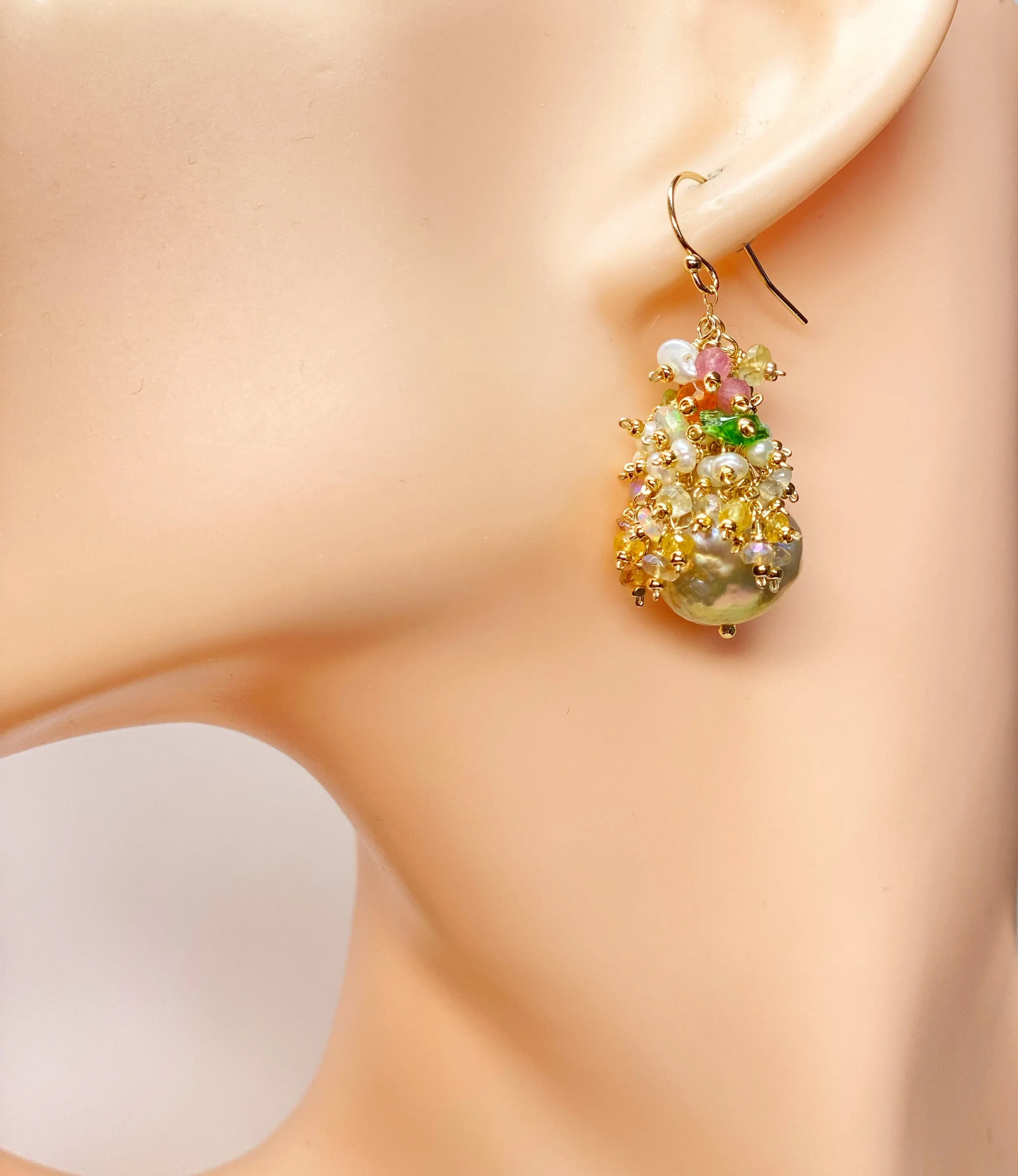Gold and White Baroque Pearl and Gemstone Cluster Earrings, Pond-slime