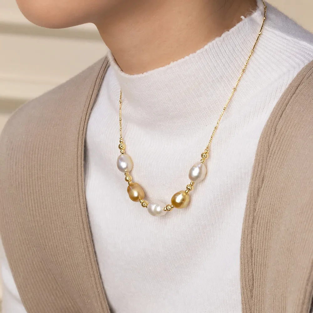 Golden & White South Sea Pearl 18K Gold Elegant Lucky Five Necklace