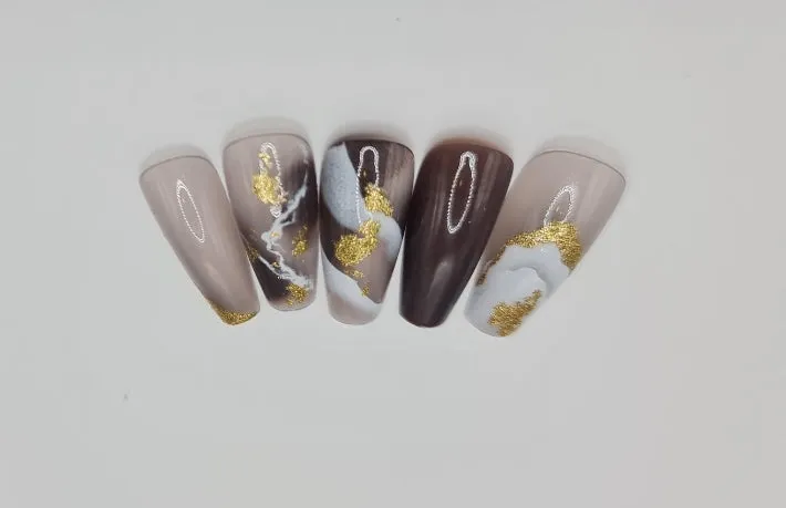 Grey Gold Press on Nails