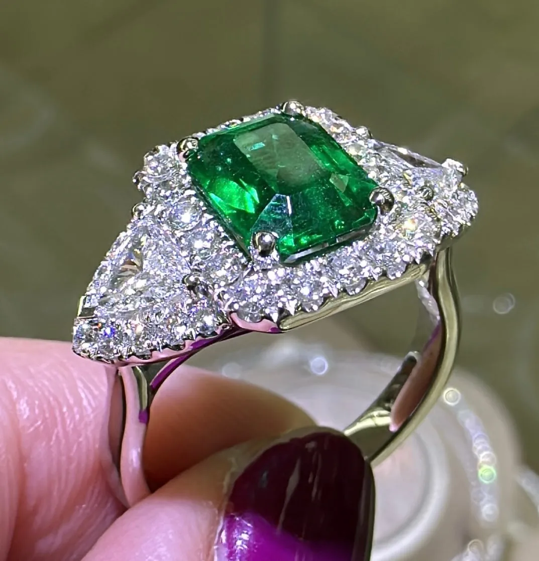 GRS Certified Ladies Statement 1.88ct Zambian Emerald - Cut Emerald & Diamond Ring