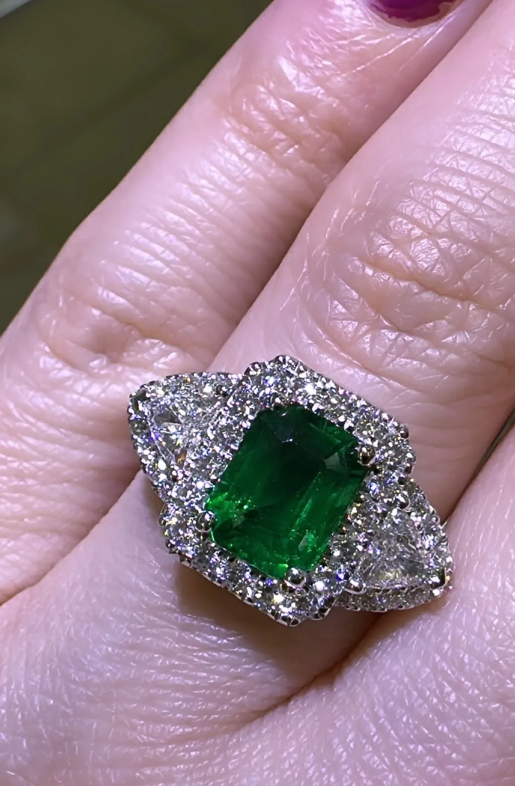 GRS Certified Ladies Statement 1.88ct Zambian Emerald - Cut Emerald & Diamond Ring