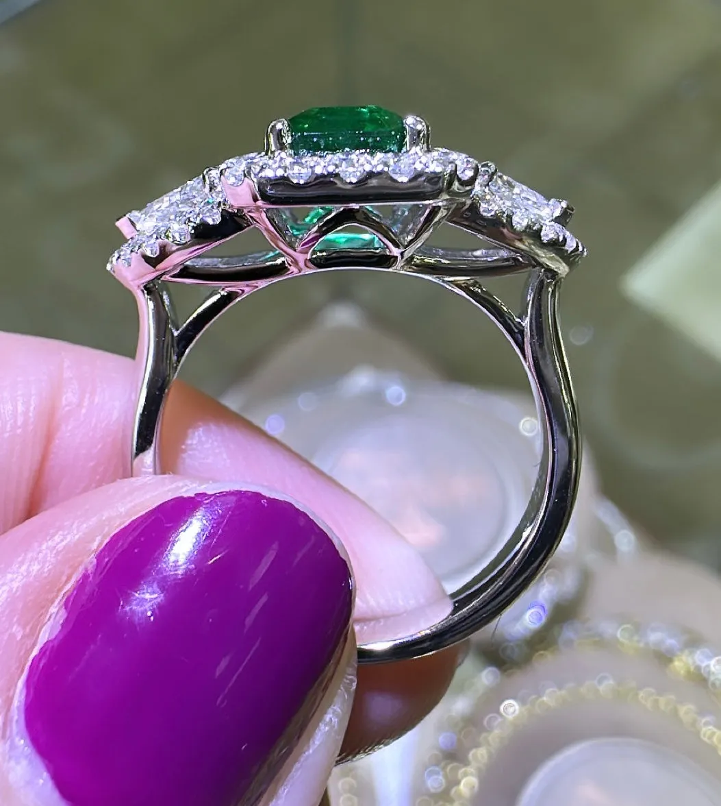 GRS Certified Ladies Statement 1.88ct Zambian Emerald - Cut Emerald & Diamond Ring