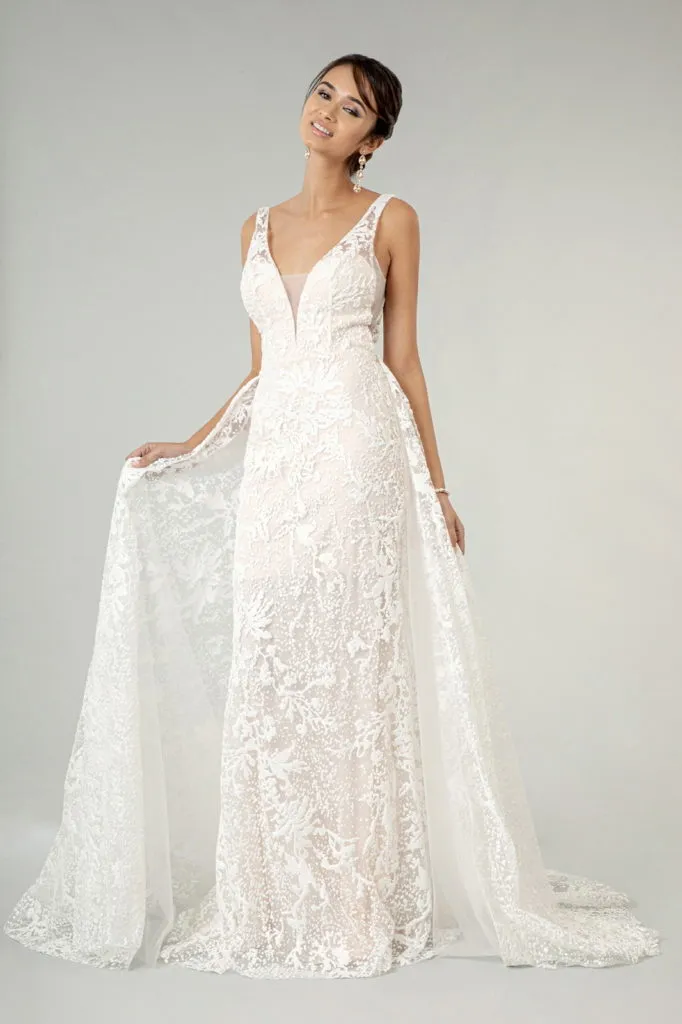 Illusion V-Neck Sheer Side and Back Mermaid Wedding Gown w/ Detachable Mesh Layer - Mask Not Included