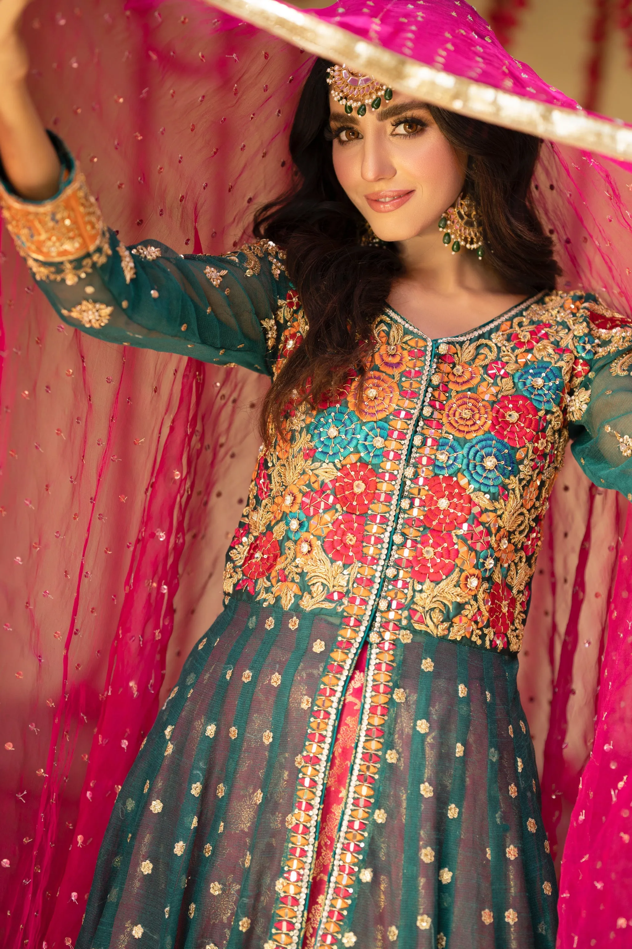 Jamawar Lehenga and Open Pishwas Pakistani Bridal Dress