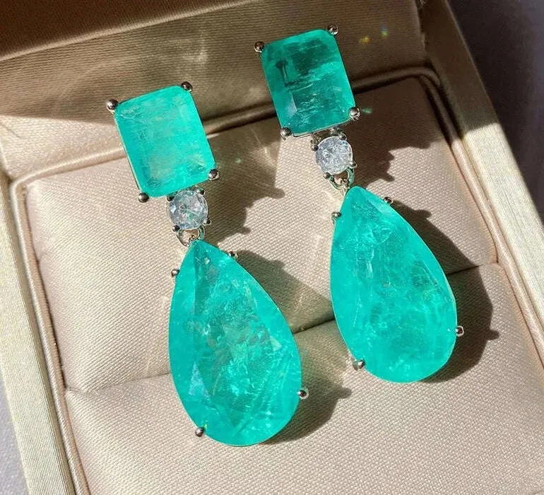 JitDoo Trend Earrings for Women Paraiba Tourmaline Emerald Gemstone Big Drop Earrings Cocktail Party Fine Jewelry Female Gift