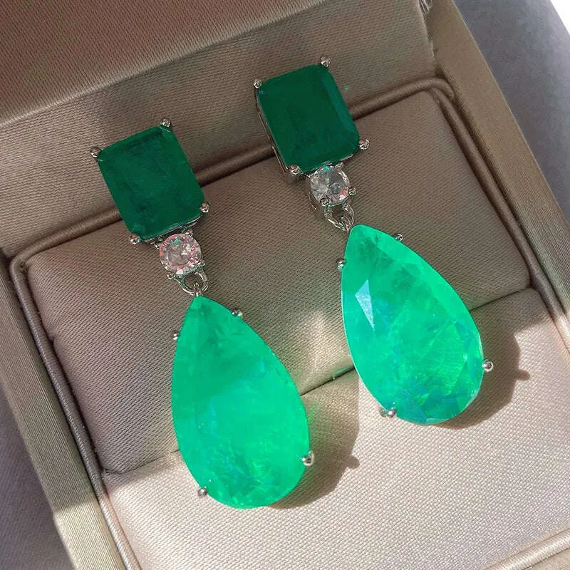 JitDoo Trend Earrings for Women Paraiba Tourmaline Emerald Gemstone Big Drop Earrings Cocktail Party Fine Jewelry Female Gift