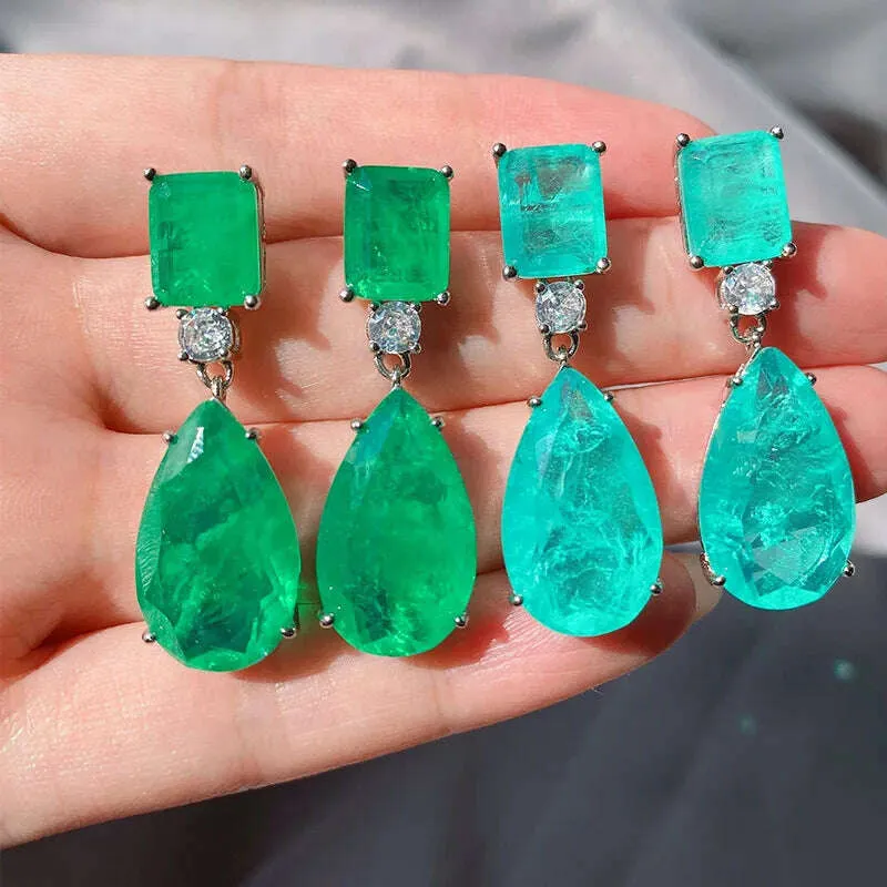 JitDoo Trend Earrings for Women Paraiba Tourmaline Emerald Gemstone Big Drop Earrings Cocktail Party Fine Jewelry Female Gift