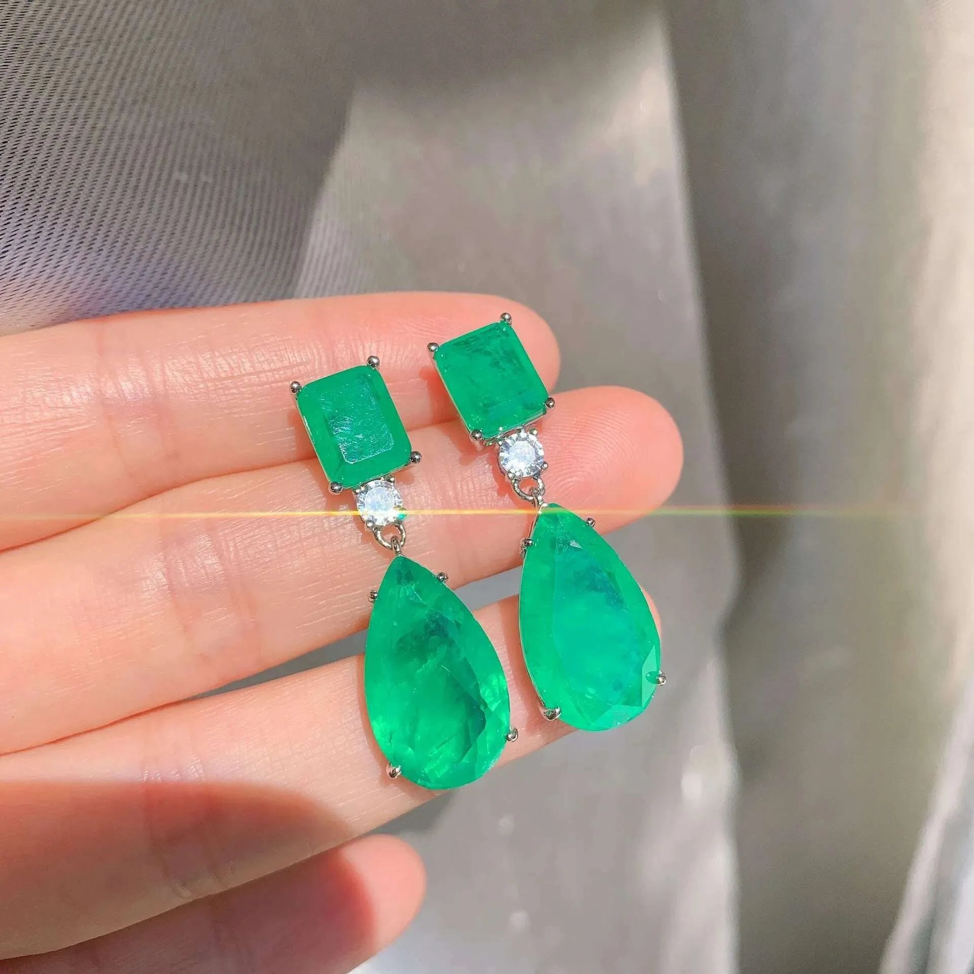 JitDoo Trend Earrings for Women Paraiba Tourmaline Emerald Gemstone Big Drop Earrings Cocktail Party Fine Jewelry Female Gift