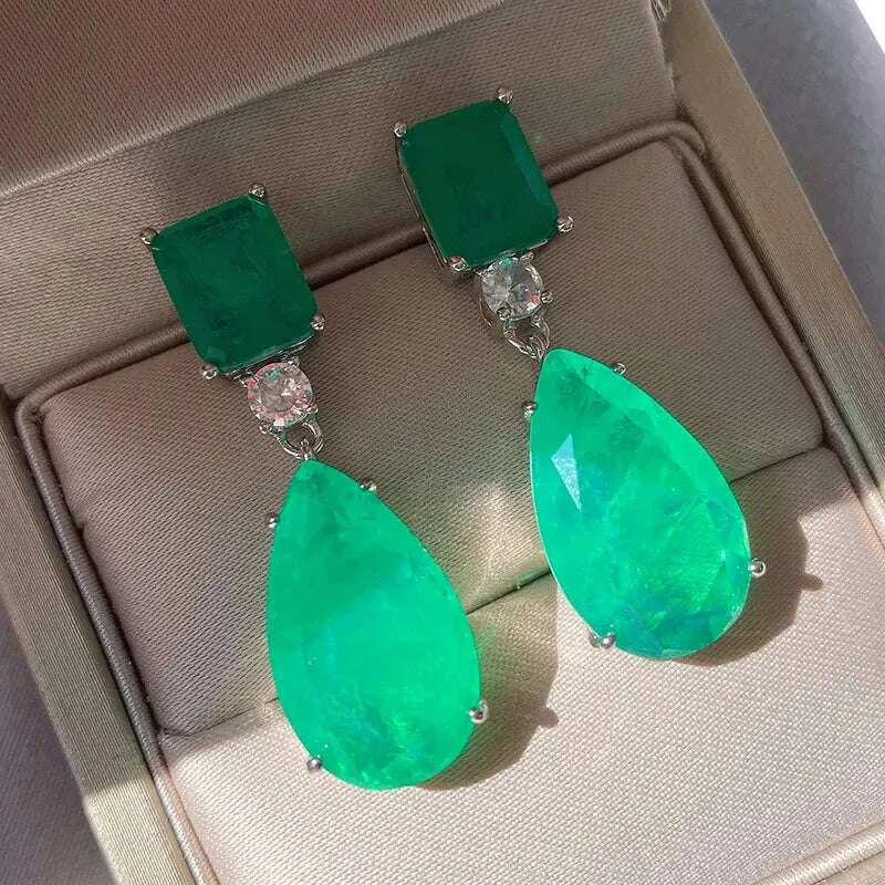JitDoo Trend Earrings for Women Paraiba Tourmaline Emerald Gemstone Big Drop Earrings Cocktail Party Fine Jewelry Female Gift