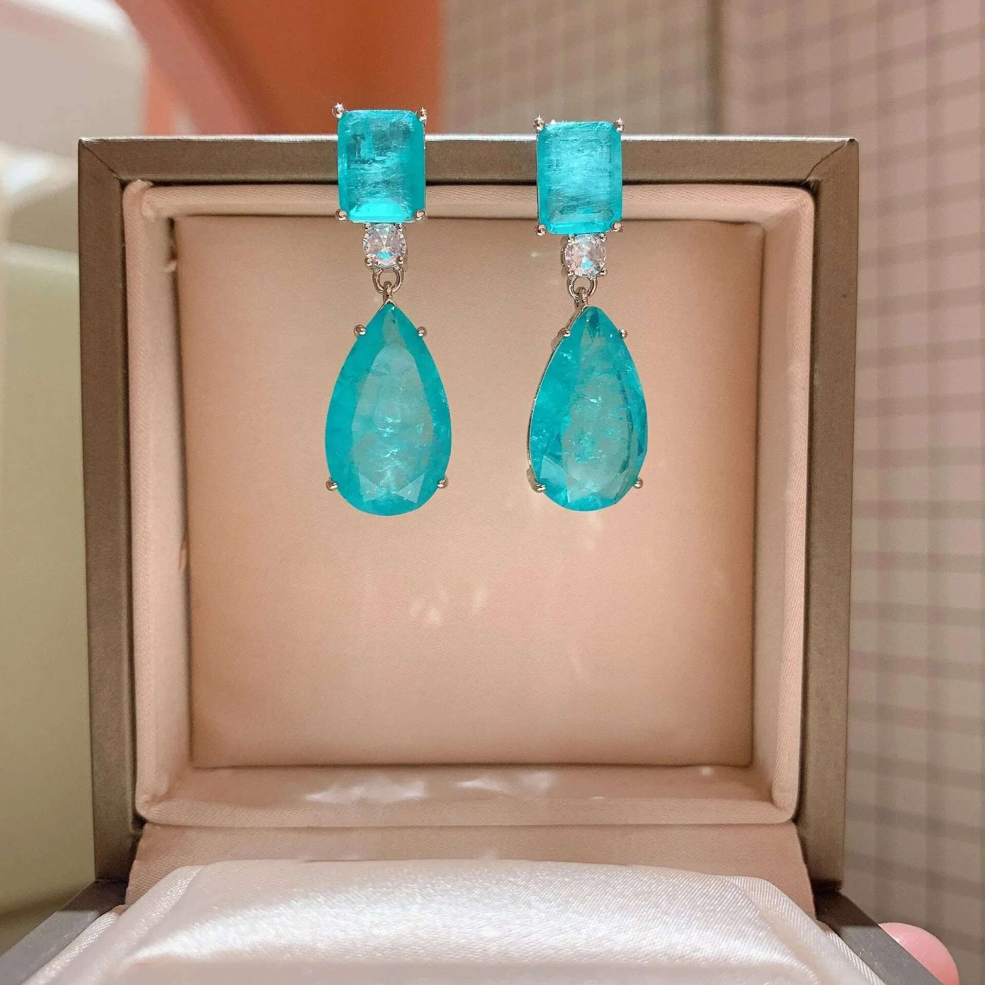 JitDoo Trend Earrings for Women Paraiba Tourmaline Emerald Gemstone Big Drop Earrings Cocktail Party Fine Jewelry Female Gift