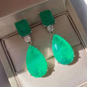 JitDoo Trend Earrings for Women Paraiba Tourmaline Emerald Gemstone Big Drop Earrings Cocktail Party Fine Jewelry Female Gift