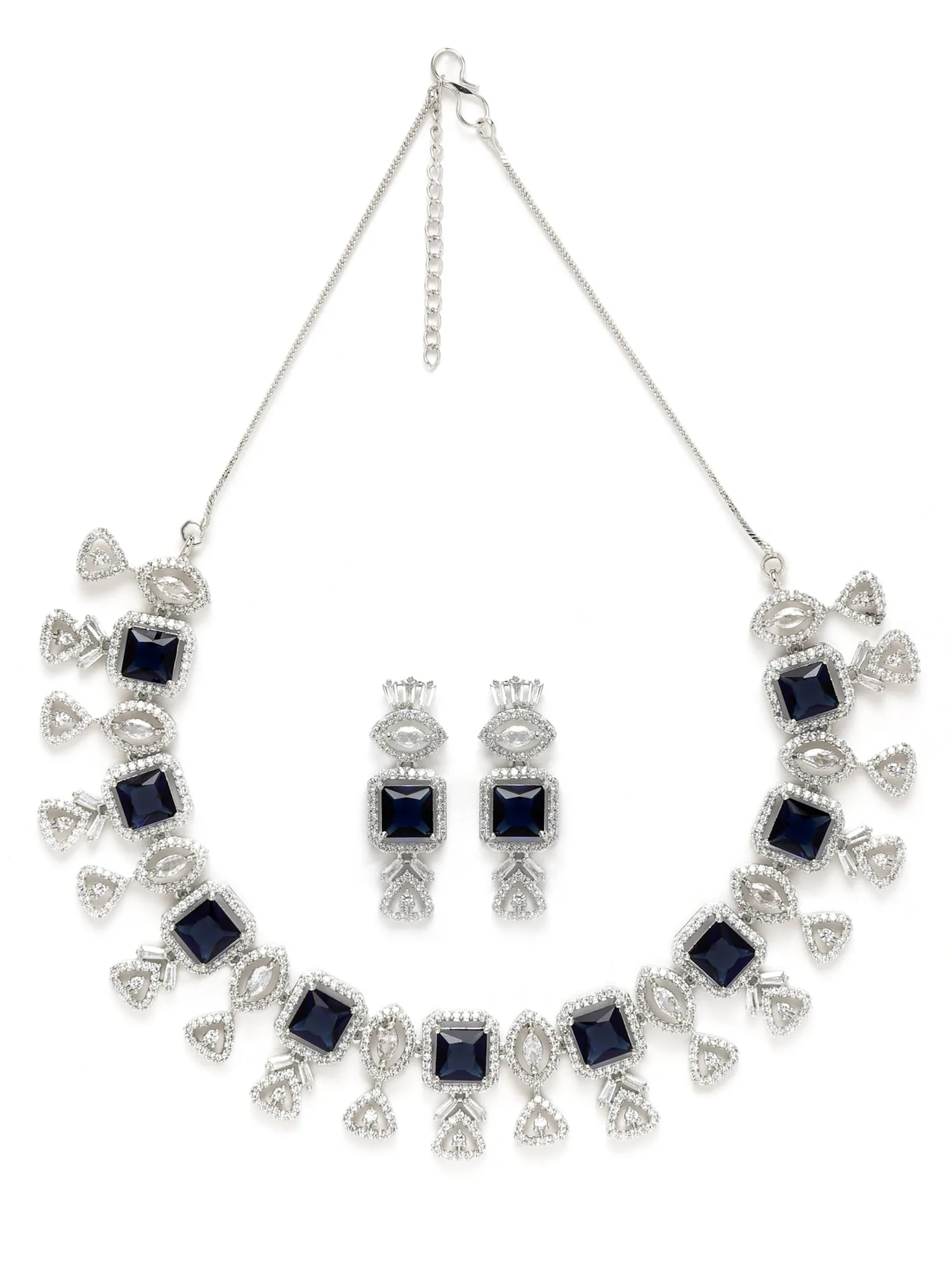 Karatcart Silver Plated Blue Square Shape Cubic Zirconia Necklace Set for Women