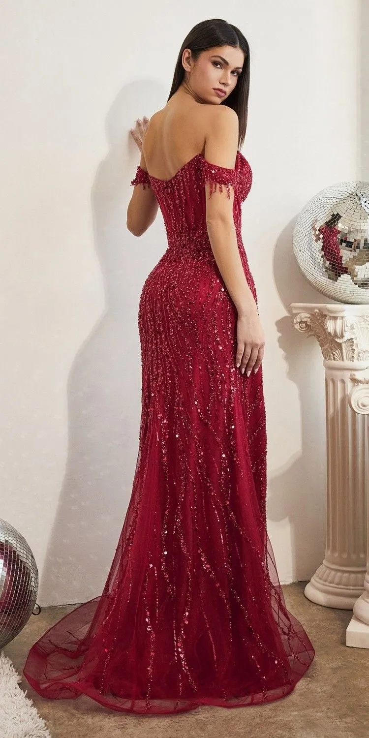 Ladivine CD0203 Long Fitted Off the Shoulder Sequin Gown with Slit