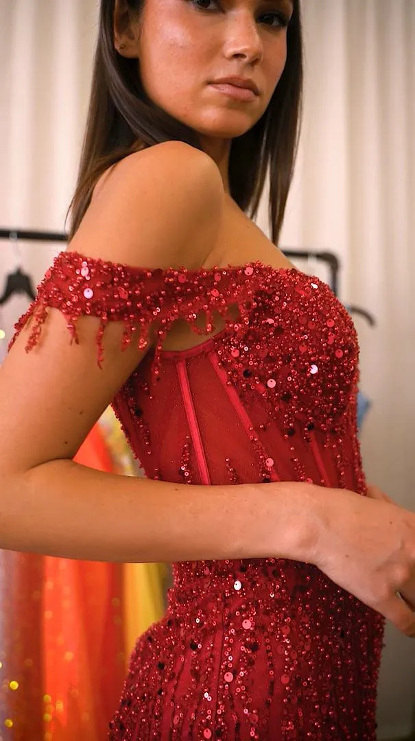 Ladivine CD0203 Long Fitted Off the Shoulder Sequin Gown with Slit